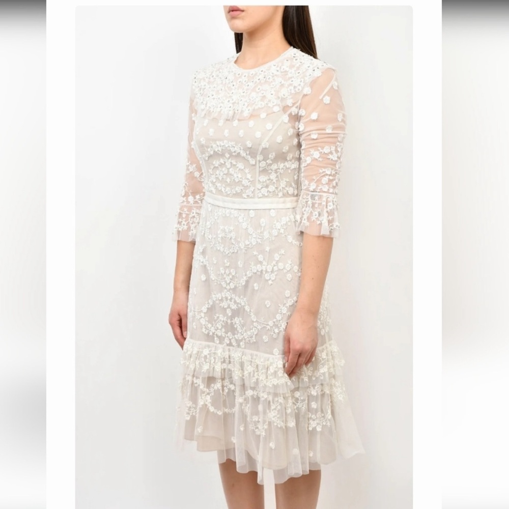 Needle & Thread Shadow White Ivory Lace Tulle Embellished Midi Cocktail Dress 6